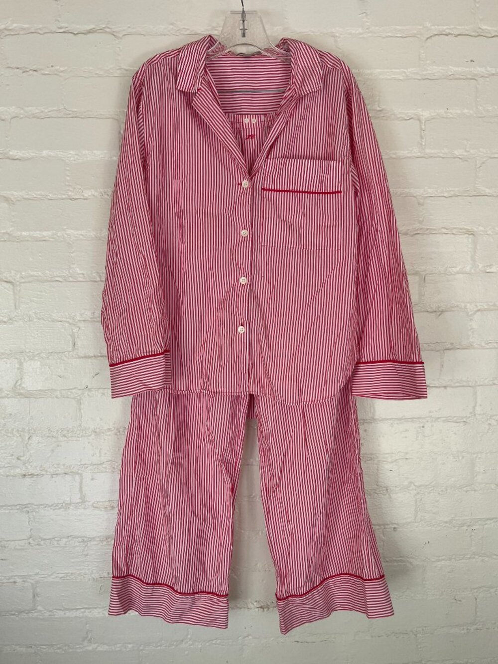 J.Crew Striped Pajama Set Women's Medium Red White 100% Cotton Button Up
